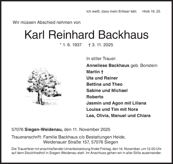 Traueranzeige von Karl Reinhard Backhaus von Siegener Zeitung