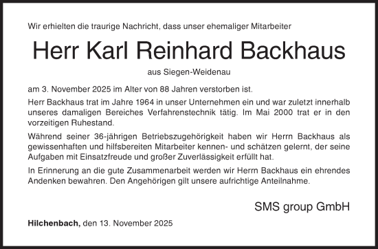 Traueranzeige von Karl Reinhard Backhaus von Siegener Zeitung