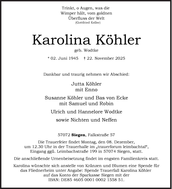 Traueranzeige von Karolina Köhler von Siegener Zeitung