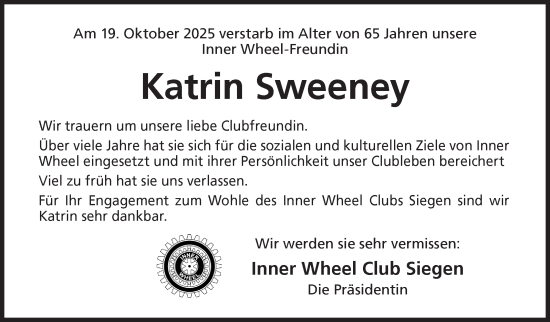 Traueranzeige von Katrin Sweeney von Siegener Zeitung