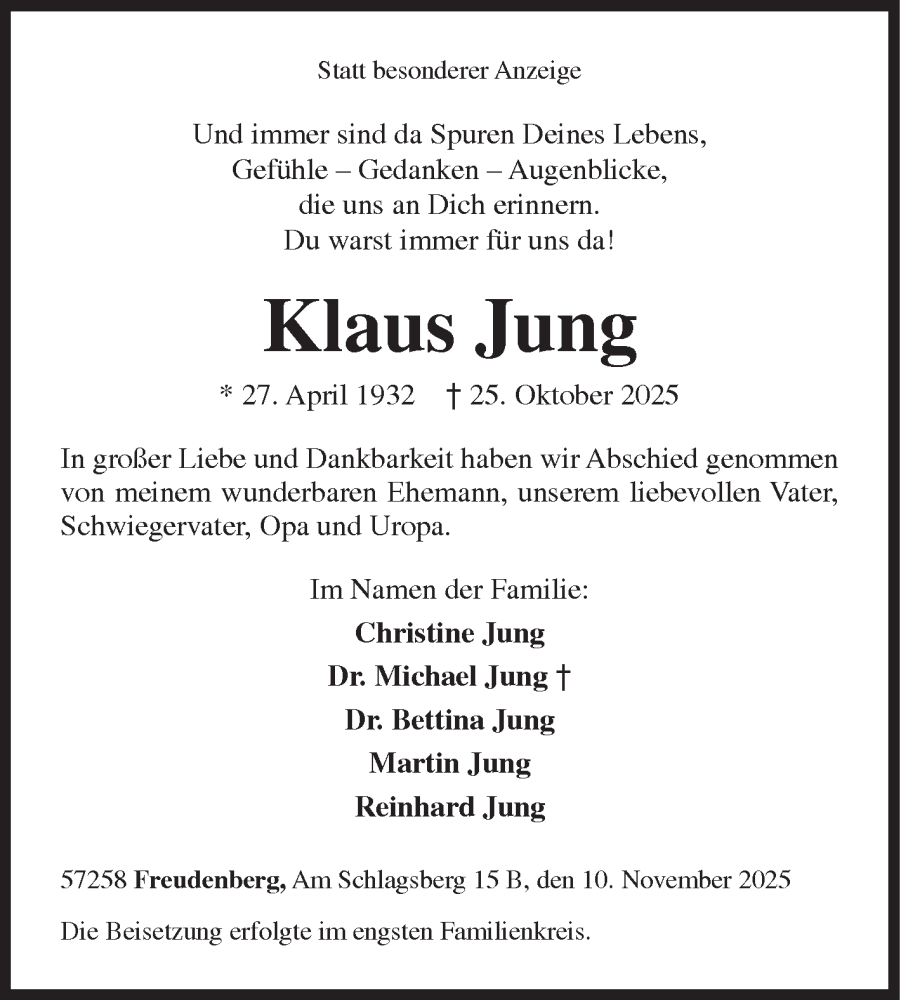  Traueranzeige für Klaus Jung vom 10.11.2025 aus Siegener Zeitung