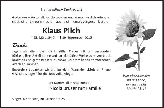 Traueranzeige von Klaus Pilch von Siegener Zeitung