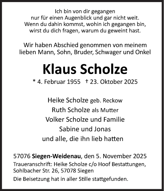 Traueranzeige von Klaus Scholze von Siegener Zeitung