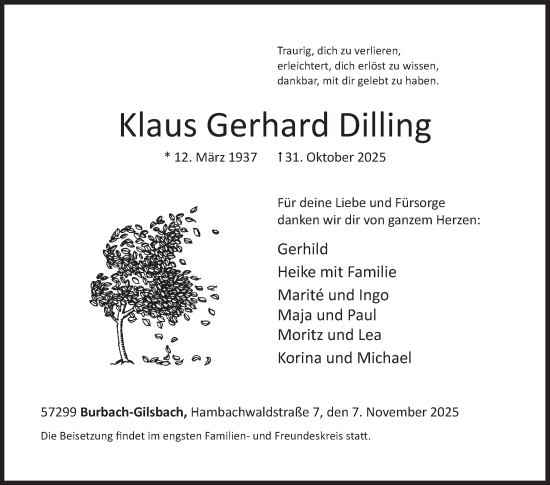 Traueranzeige von Klaus Gerhard Dilling von Siegener Zeitung