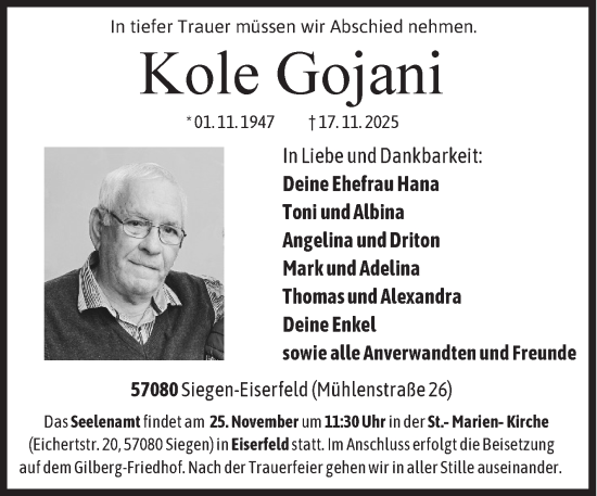 Traueranzeige von Kole Gojani von Siegener Zeitung