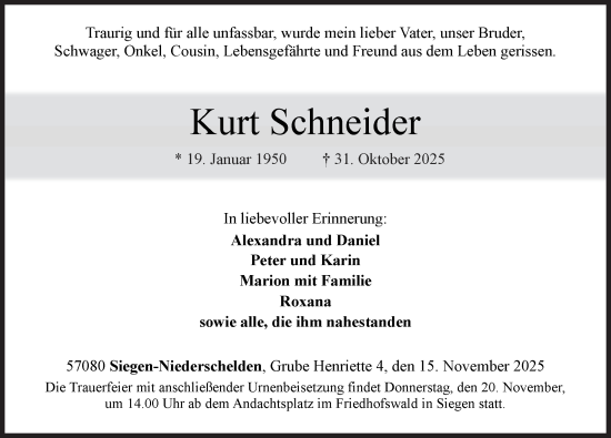 Traueranzeige von Kurt Schneider von Siegener Zeitung