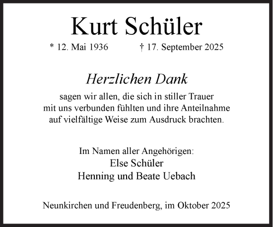 Traueranzeige von Kurt Schüler von Siegener Zeitung