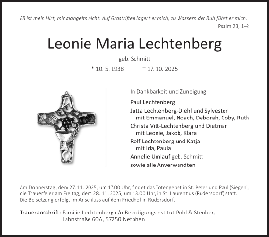 Traueranzeige von Leonie Maria Lechtenberg von Siegener Zeitung