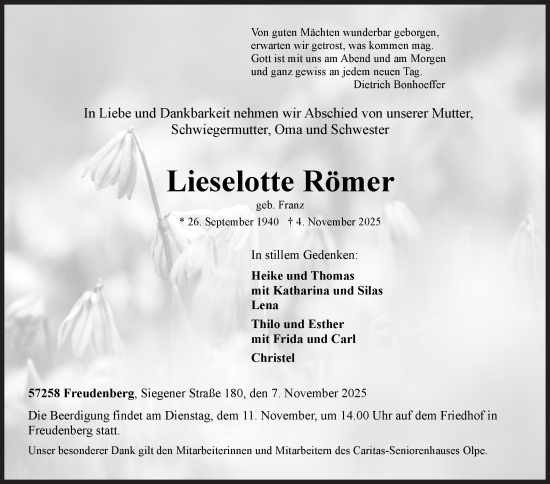 Traueranzeige von Lieselotte Römer von Siegener Zeitung