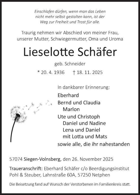 Traueranzeige von Lieselotte Schäfer von Siegener Zeitung