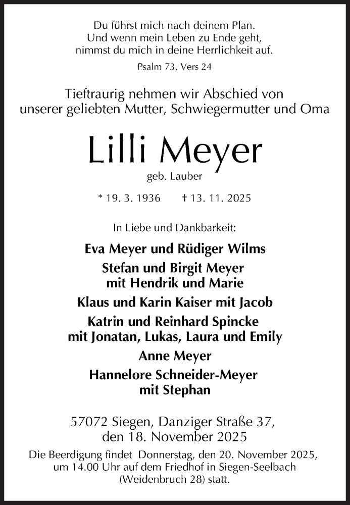  Traueranzeige für Lilli Meyer vom 18.11.2025 aus Siegener Zeitung
