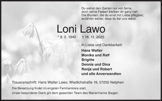 Traueranzeige von Loni Lawo von Siegener Zeitung
