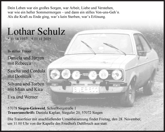 Traueranzeige von Lothar Schulz von Siegener Zeitung