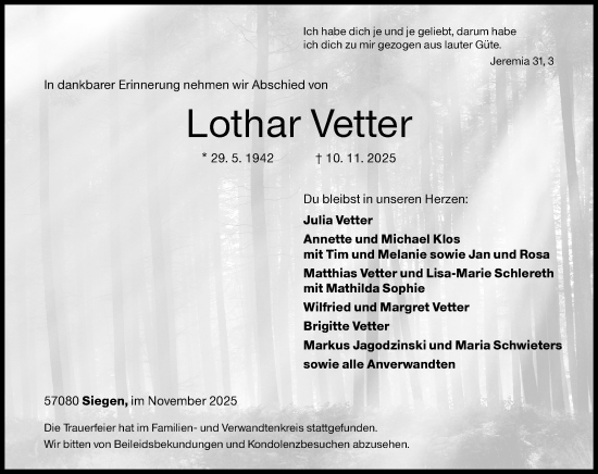 Traueranzeige von Lothar Vetter von Siegener Zeitung