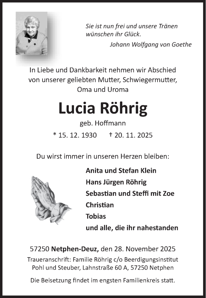 Traueranzeige für Lucia Röhrig vom 28.11.2025 aus Siegener Zeitung