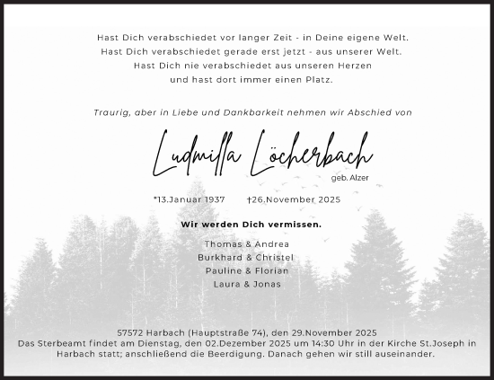 Traueranzeige von Ludmilla Löcherbach von Siegener Zeitung