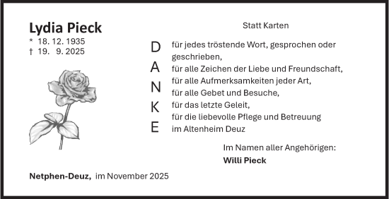 Traueranzeige von Lydia Pieck von Siegener Zeitung