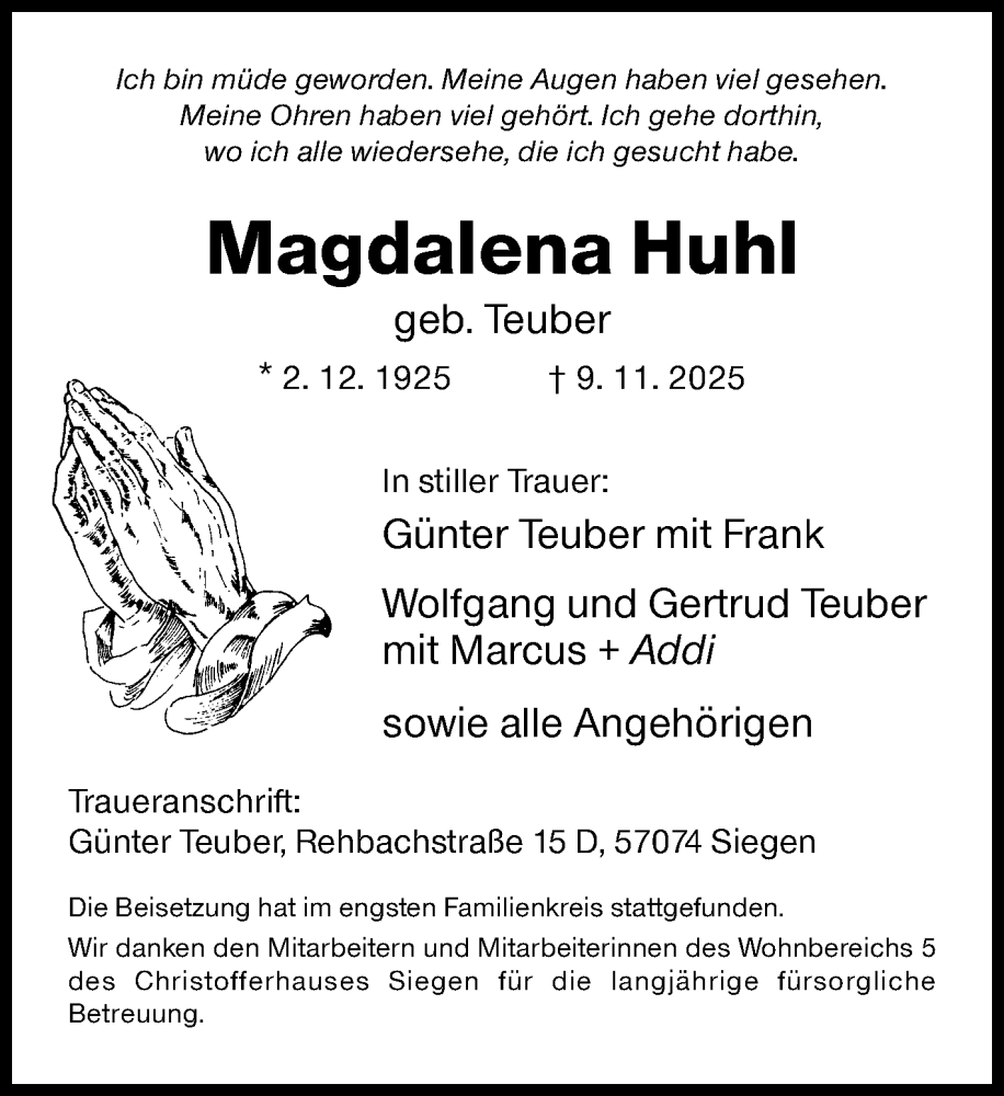  Traueranzeige für Magdalena Huhl vom 18.11.2025 aus Siegener Zeitung