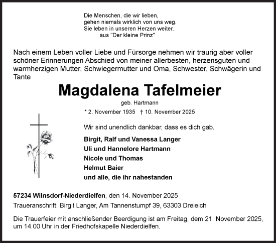 Traueranzeige von Magdalena Tafelmeier von Siegener Zeitung