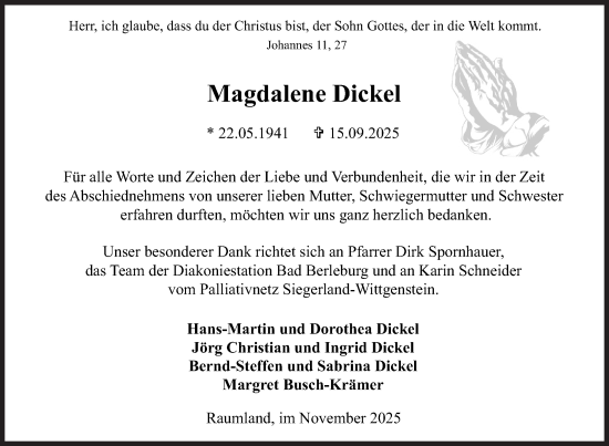 Traueranzeige von Magdalene Dickel von Siegener Zeitung