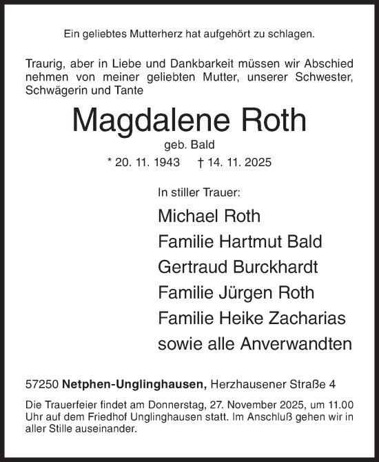 Traueranzeige von Magdalene Roth von Siegener Zeitung