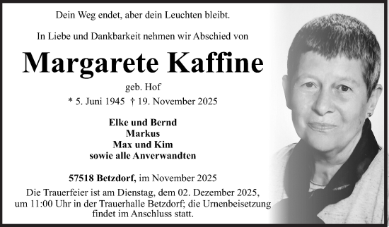 Traueranzeige von Margarete Kaffine von Siegener Zeitung