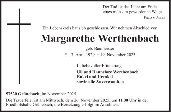 Traueranzeige von Margarethe Werthenbach von Siegener Zeitung