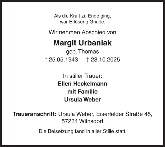 Traueranzeige von Margit Urbaniak von Siegener Zeitung