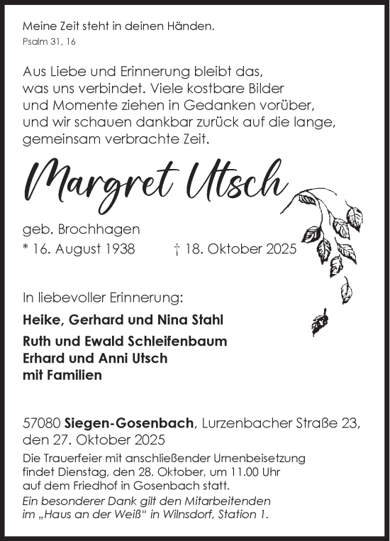 Traueranzeige von Margret Utsch von Siegener Zeitung