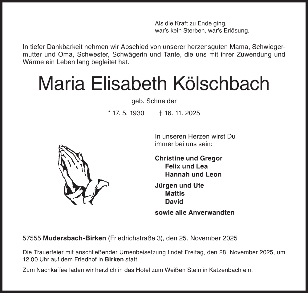 Traueranzeige für Maria Elisabeth Kölschbach vom 25.11.2025 aus Siegener Zeitung