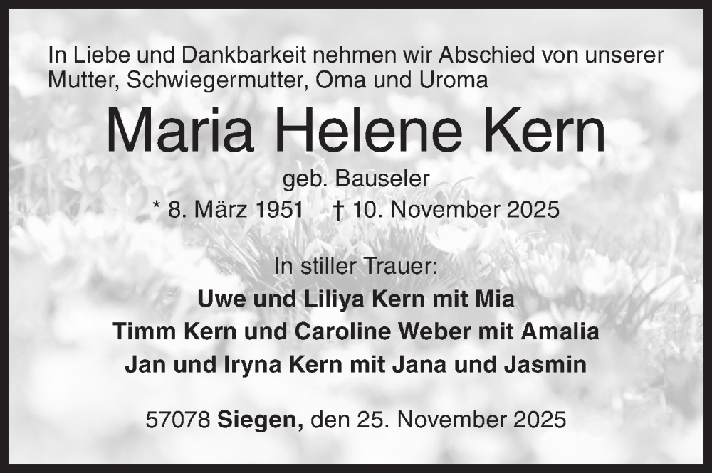  Traueranzeige für Maria Helene Kern vom 25.11.2025 aus Siegener Zeitung