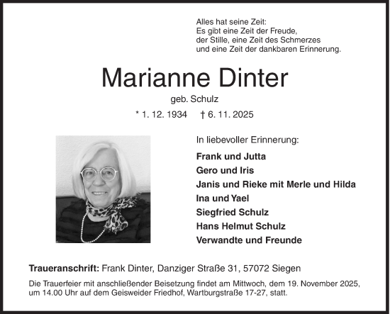 Traueranzeige von Marianne Dinter von Siegener Zeitung