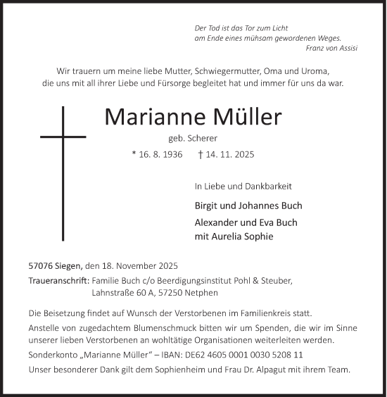 Traueranzeige von Marianne Müller von Siegener Zeitung