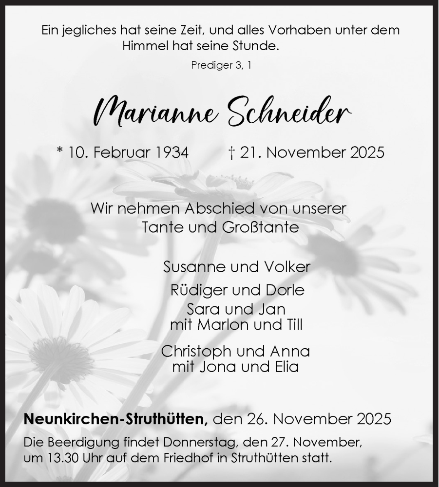  Traueranzeige für Marianne Schneider vom 26.11.2025 aus Siegener Zeitung