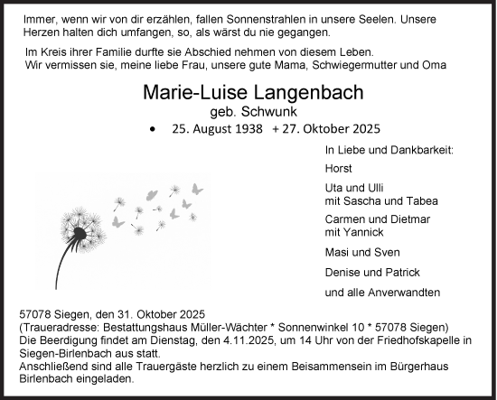Traueranzeige von Marie-Luise Langenbach von Siegener Zeitung
