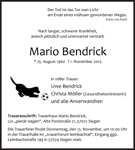 Traueranzeige von Mario Bendrick von Siegener Zeitung