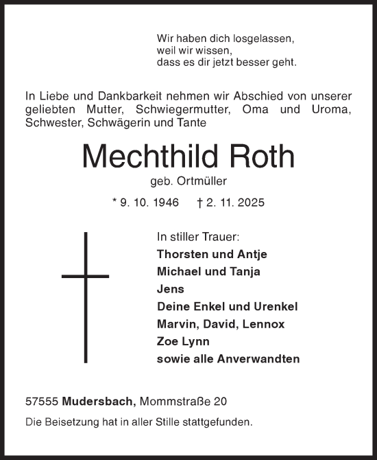 Traueranzeige von Mechthild Roth von Siegener Zeitung