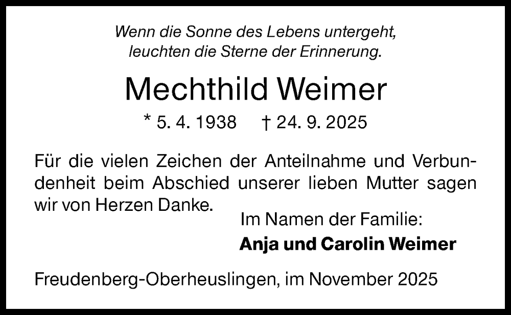  Traueranzeige für Mechthild Weimer vom 28.11.2025 aus Siegener Zeitung