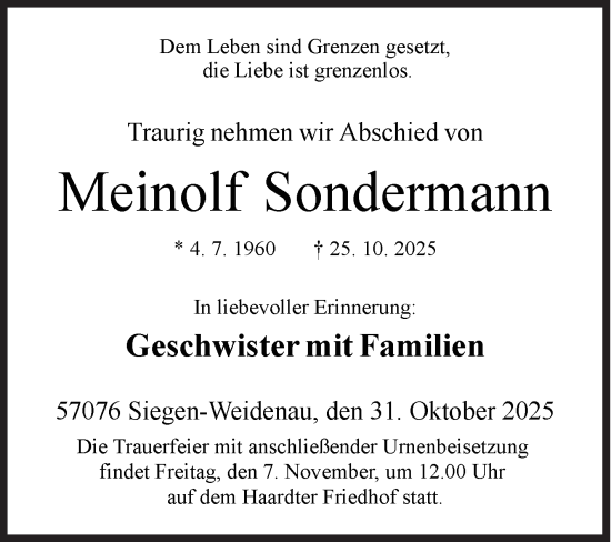 Traueranzeige von Meinolf Sondermann von Siegener Zeitung