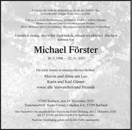 Traueranzeige von Michael Förster von Siegener Zeitung