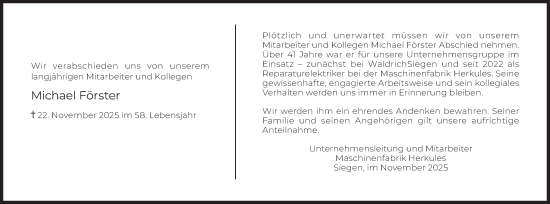Traueranzeige von Michael Förster von Siegener Zeitung