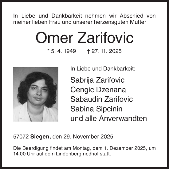 Traueranzeige von Omer Zarifovic von Siegener Zeitung