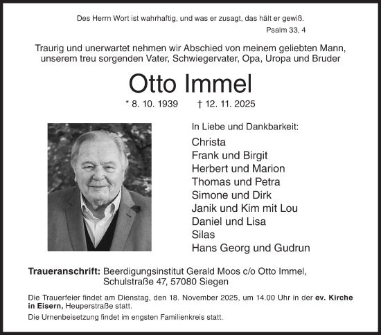 Traueranzeige von Otto Immel von Siegener Zeitung