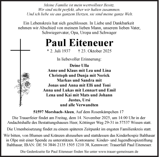Traueranzeige von Paul Eiteneuer von Siegener Zeitung