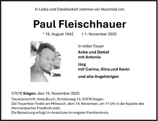 Traueranzeige von Paul Fleischhauer von Siegener Zeitung