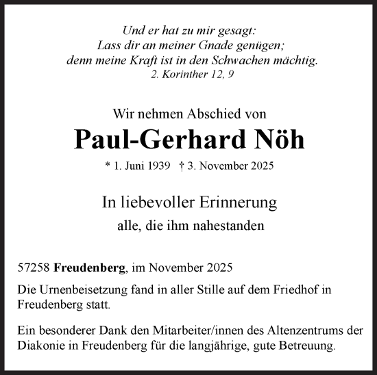 Traueranzeige von Paul-Gerhard Nöh von Siegener Zeitung