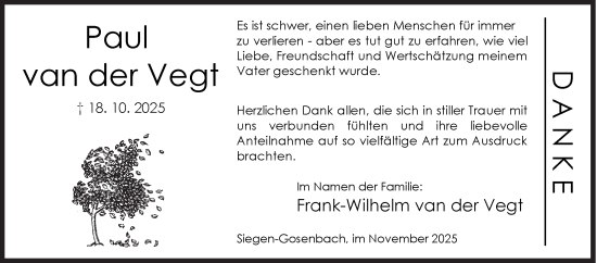 Traueranzeige von Paul van der Vegt von Siegener Zeitung