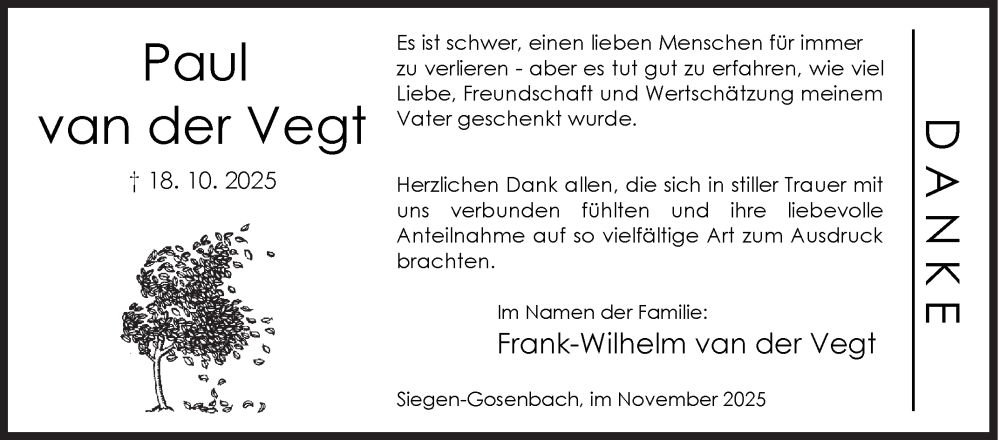  Traueranzeige für Paul van der Vegt vom 29.11.2025 aus Siegener Zeitung