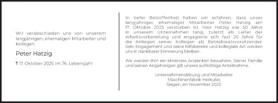Traueranzeige von Peter Hatzig von Siegener Zeitung