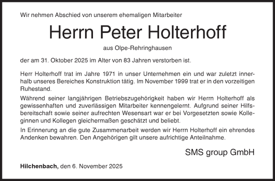 Traueranzeige von Peter Holterhoff von Siegener Zeitung